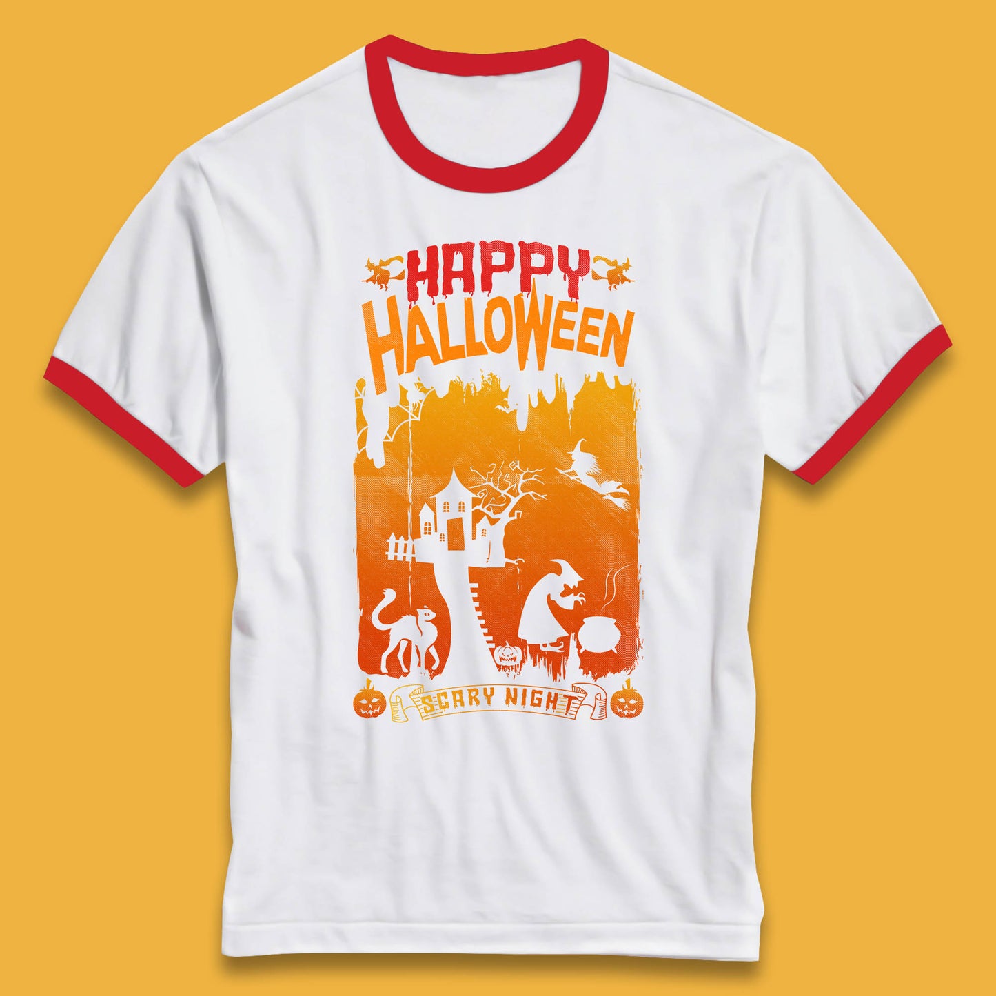 Happy Halloween Horror Hunted House Flying Witch Scary Spooky Night Ringer T Shirt