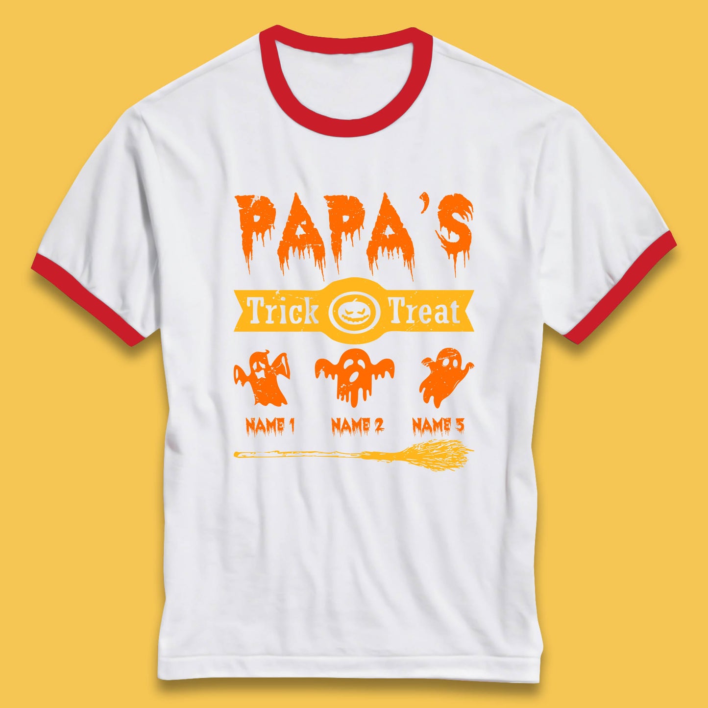 Personalised Papa's Trick Or Treat Halloween Custom Your Boo Ghost Children Names Scary Spooky Costume Ringer T Shirt