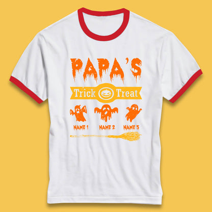 Personalised Papa's Trick Or Treat Halloween Custom Your Boo Ghost Children Names Scary Spooky Costume Ringer T Shirt