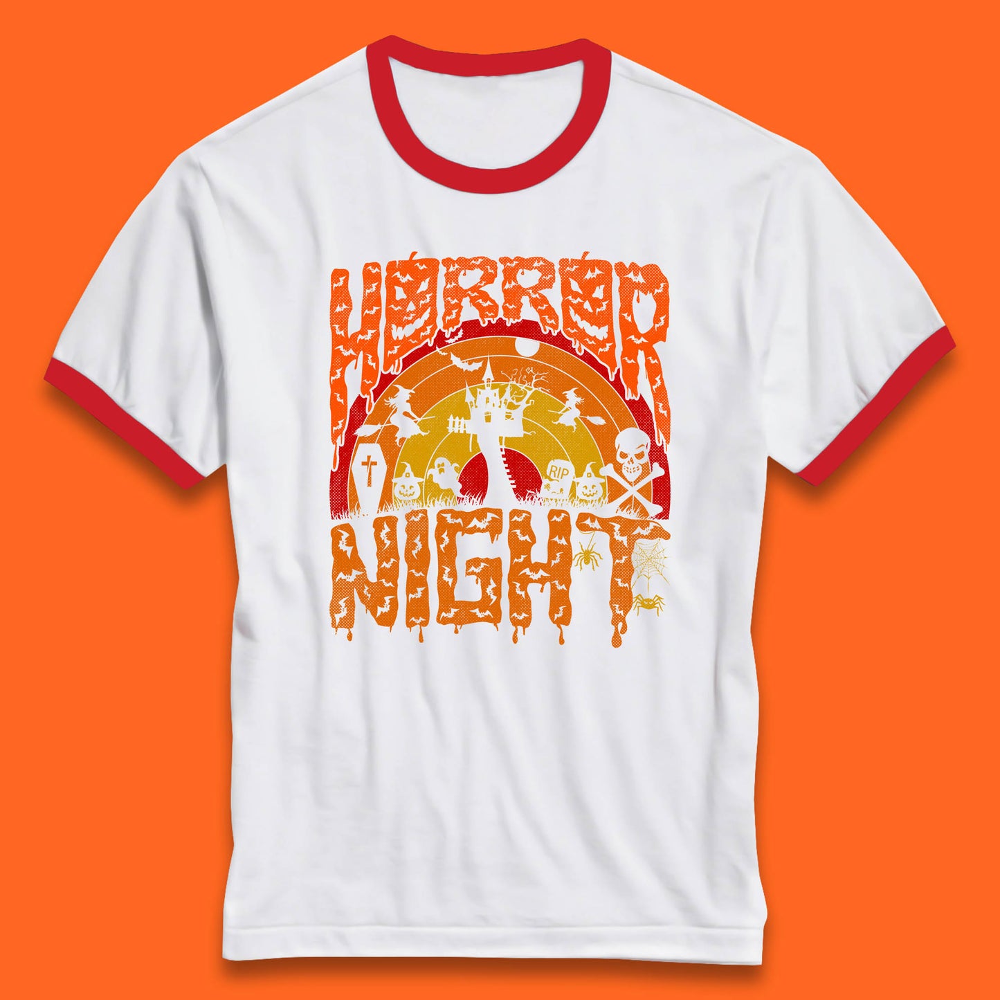 Halloween Horror Night Vintage Rainbow Flying witches Scary Boo Spooky Festive Night Ringer T Shirt