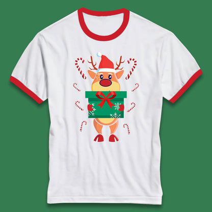 reindeer holding gift christmas ringer t shirt