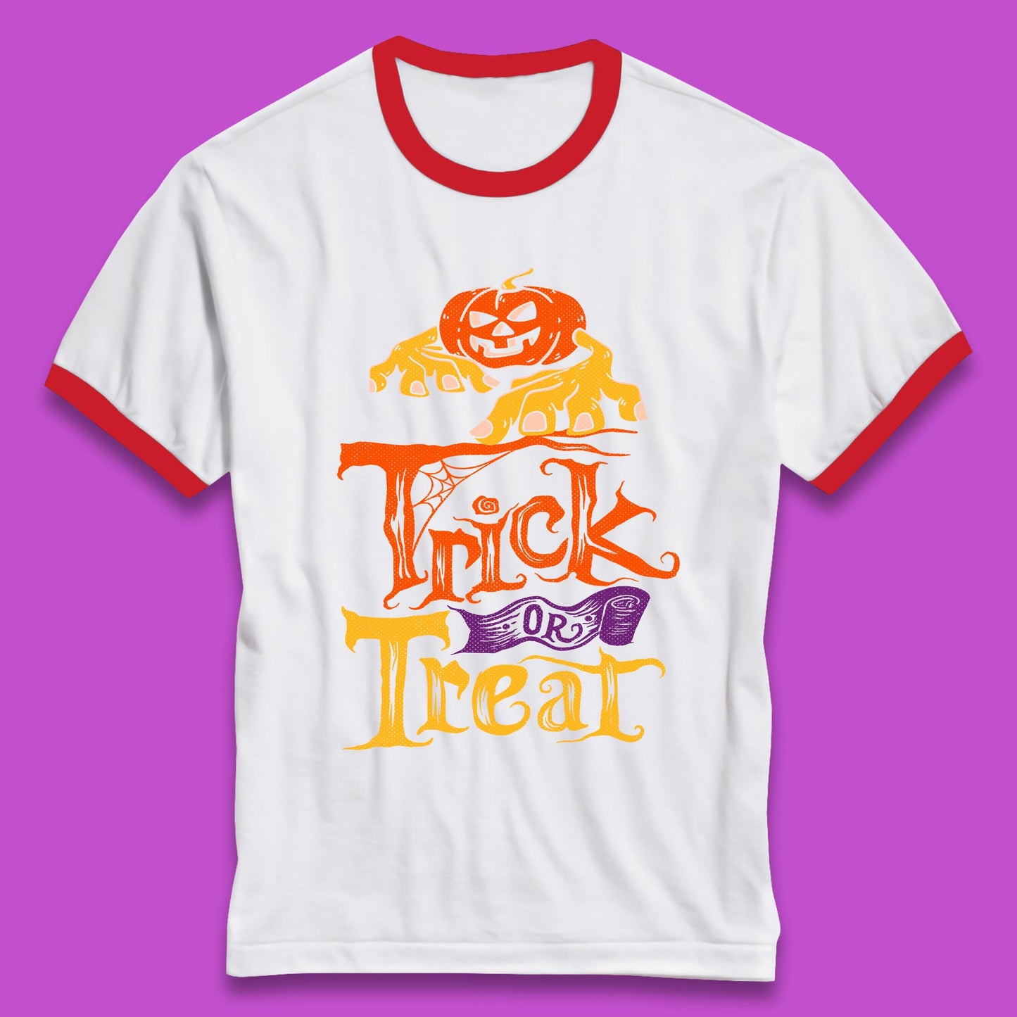 Halloween Trick Or Treat Horror Scary Evil Pumpkin With Zombie Hands Ringer T Shirt