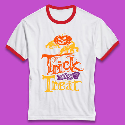 Halloween Trick Or Treat Horror Scary Evil Pumpkin With Zombie Hands Ringer T Shirt