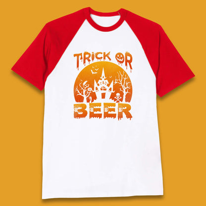 Trick Or Beer Halloween Drinking Beer Lover Horror Haunted House Drinker Halloween Party Baseball T Shirt