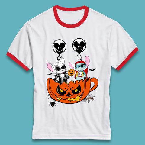 Stitch X Jack And Sally Inside Halloween Pumpkin With Mickey Mouse Balloons Jack And Sally Nightmare Before Christmas Ringer T Shirt