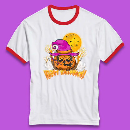 Happy Halloween Pumpkin Witch Hat Jack-o'-lantern With Full Moon Flying Bats Horror Scary Boo Ghost Ringer T Shirt