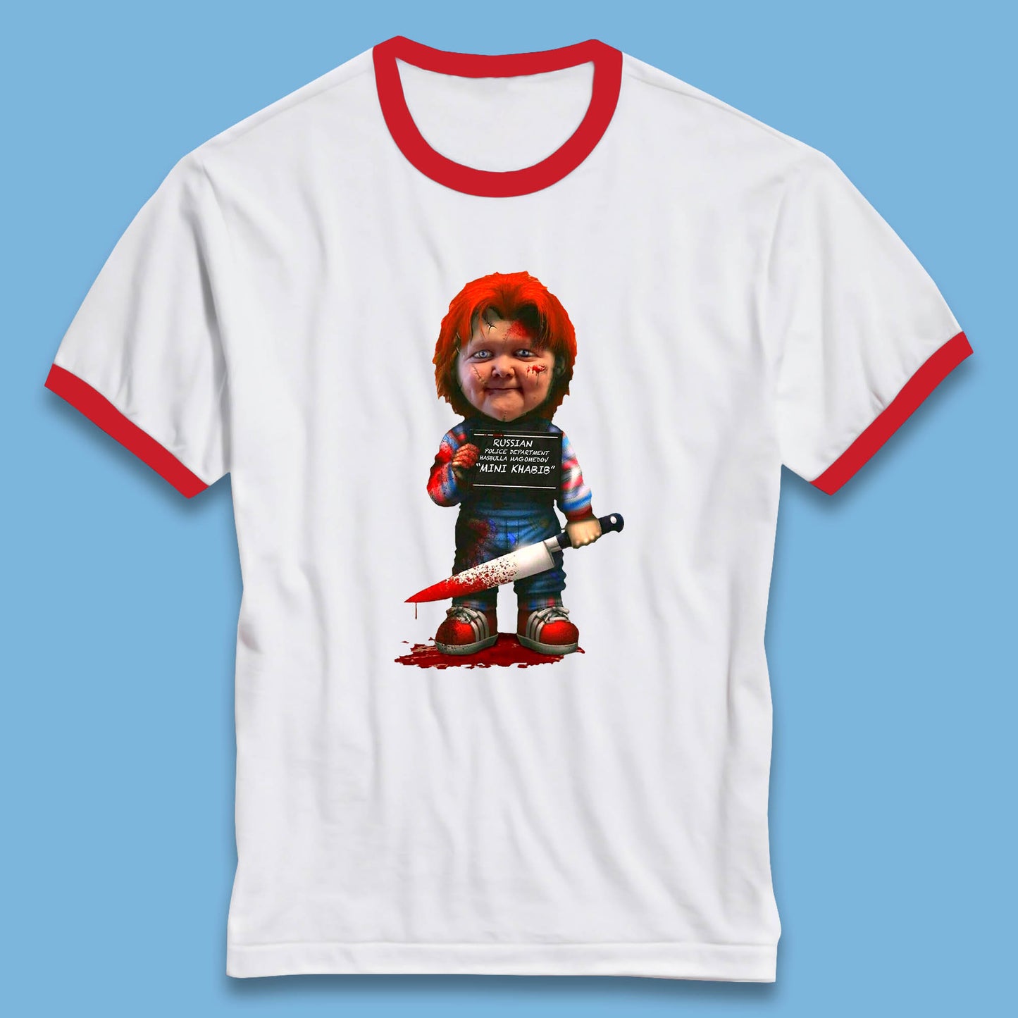 Chucky Mug Shot Russian Police Dept Hasbulla Magomedov Chucky Mini Khabib Inspired Halloween Horror Movie Good Guy Chucky Ringer T Shirt