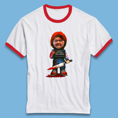 Chucky Mug Shot Russian Police Dept Hasbulla Magomedov Chucky Mini Khabib Inspired Halloween Horror Movie Good Guy Chucky Ringer T Shirt