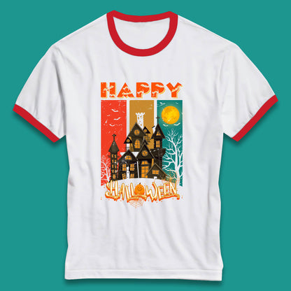 Happy Halloween Vintage Style Horror Scary Haunted House Ringer T Shirt