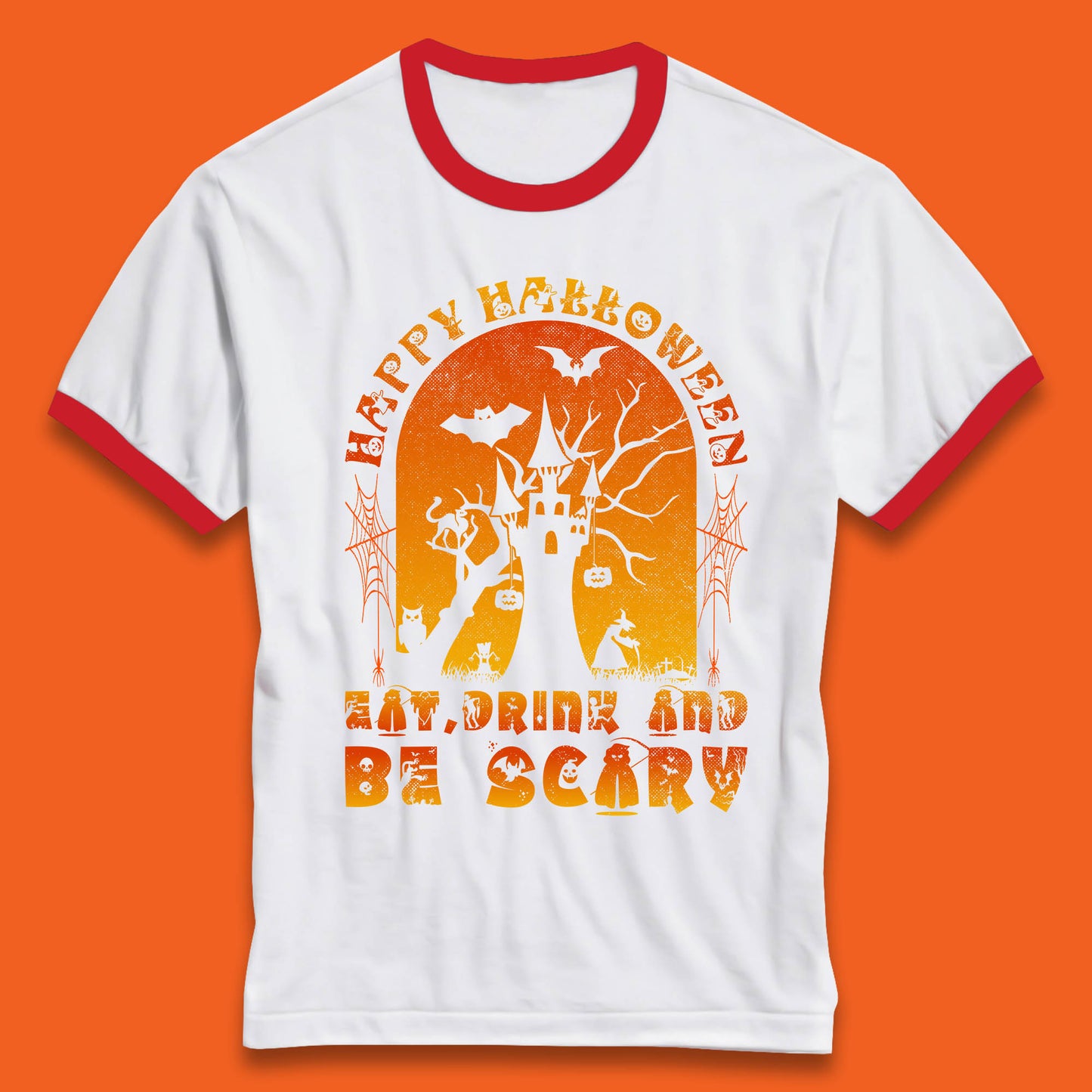 Happy Halloween Eat Drink And Be Scary Spooky Horror Hunted House Festive Gift Ringer T Shirt