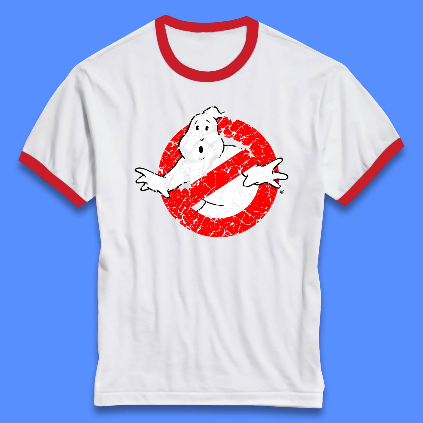 Distressed The Real Ghostbusters No Ghost Symbol Retro Halloween Movie Costume Ringer T Shirt