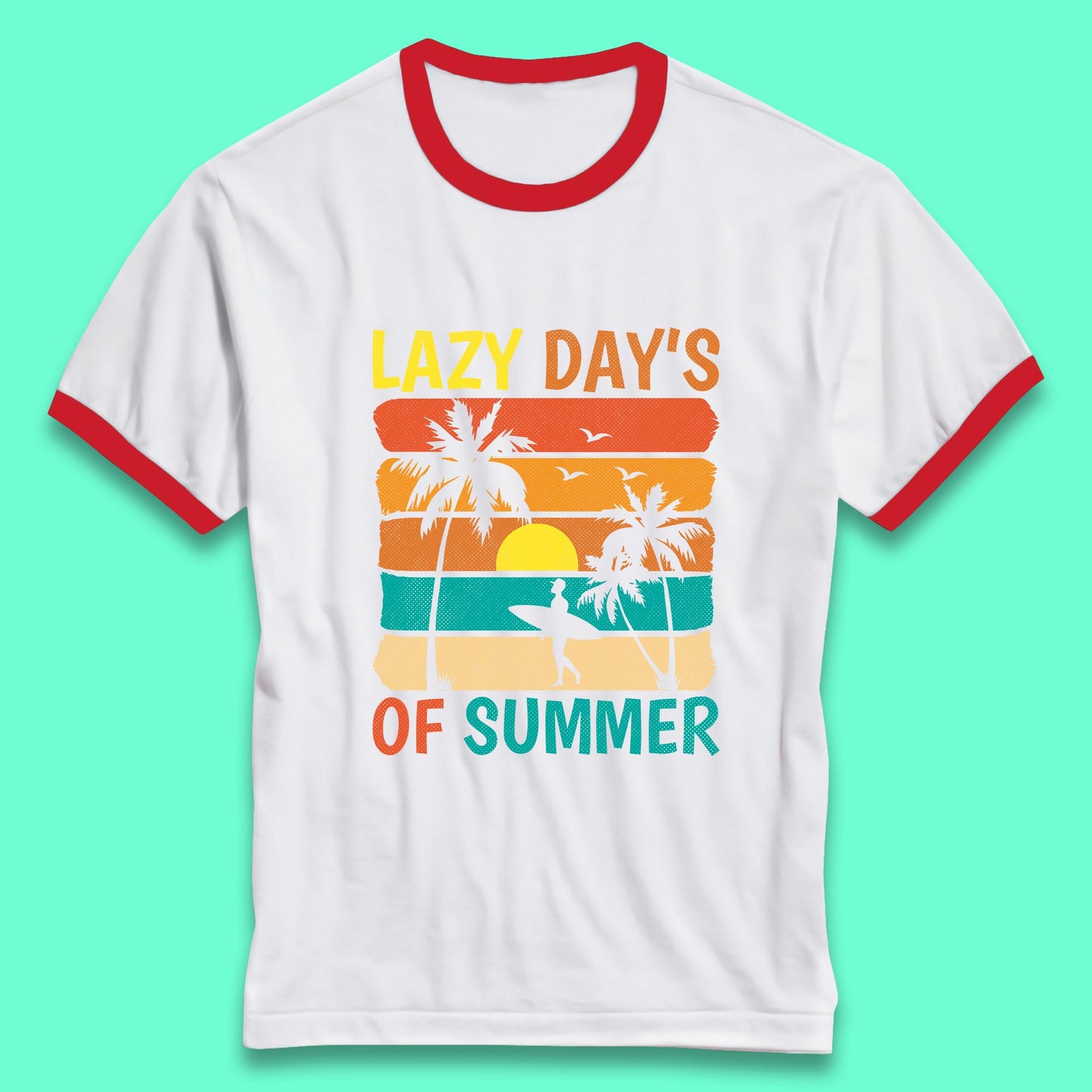 Lazy Days Of Summer Vintage Retro Sunset Surfer Beach Palm Trees Ringer T Shirt
