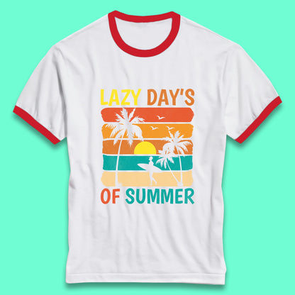 Lazy Days Of Summer Vintage Retro Sunset Surfer Beach Palm Trees Ringer T Shirt