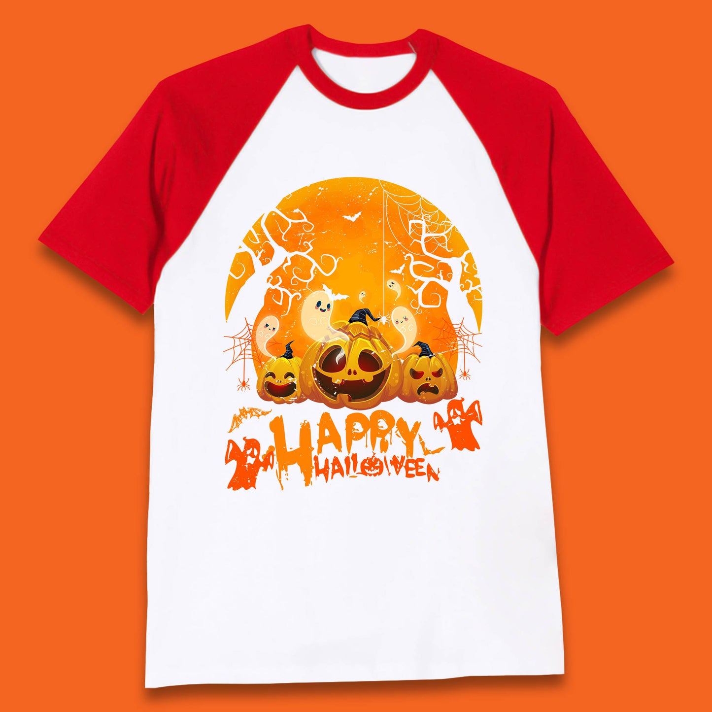 Happy Halloween Jack O Lantern Pumpkins Scary Boo Ghost Haunted Trees Baseball T Shirt