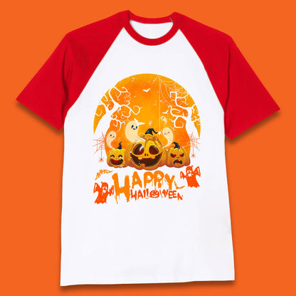 Happy Halloween Jack O Lantern Pumpkins Scary Boo Ghost Haunted Trees Baseball T Shirt