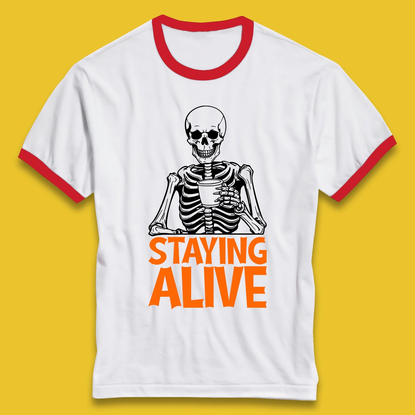 Staying Alive Funny Skeleton Trendy Coffee Halloween Skull Vintage Coffee Lovers Ringer T Shirt