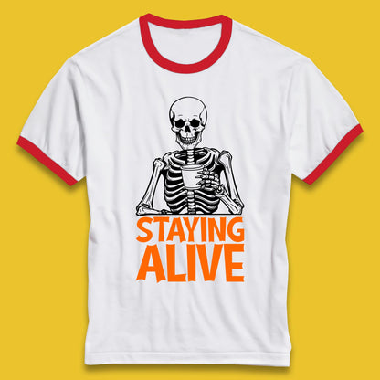 Staying Alive Funny Skeleton Trendy Coffee Halloween Skull Vintage Coffee Lovers Ringer T Shirt