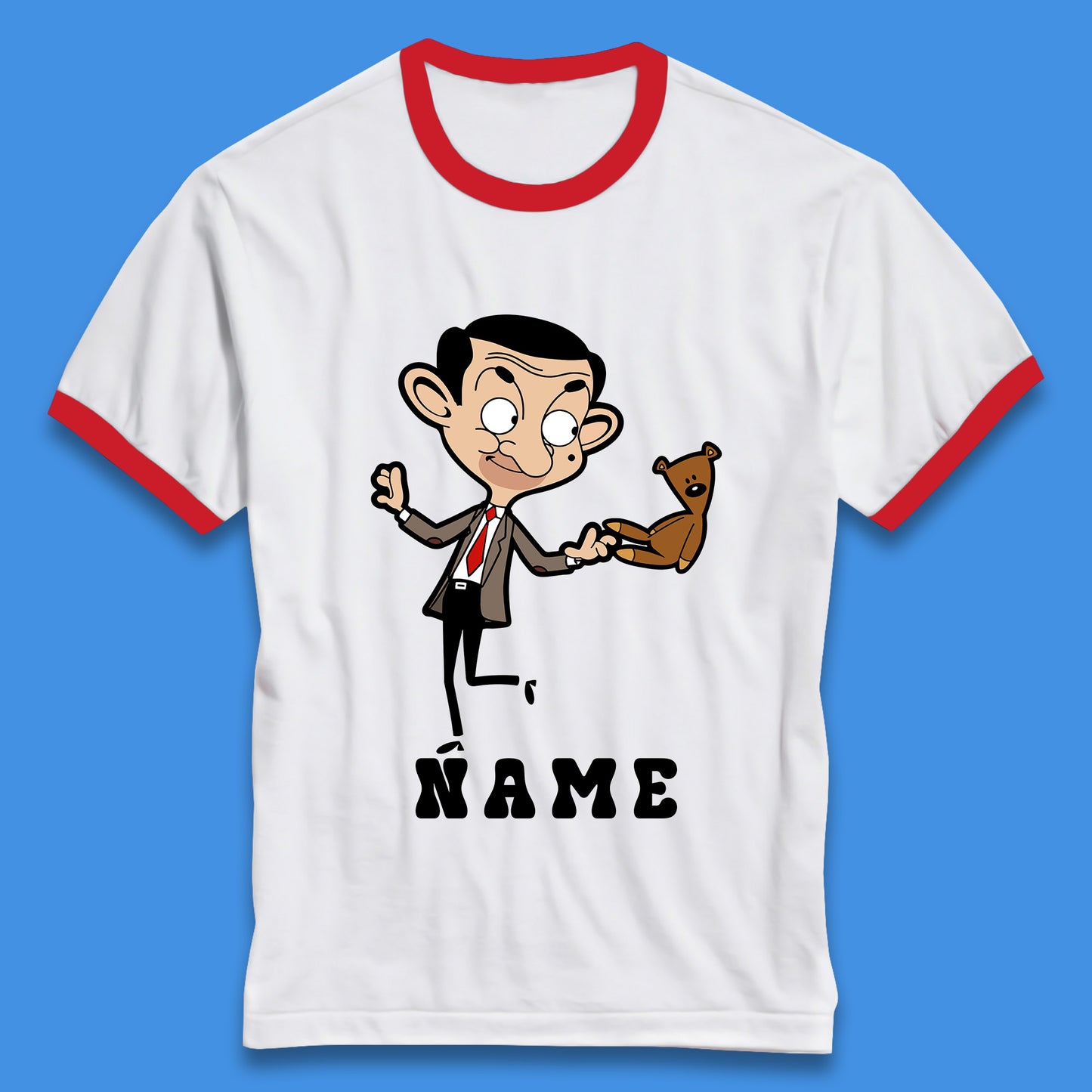 Personalised Mr Bean And Teddy Bear Your Name Comedy Cartoon Animated Series Ringer T Shirt