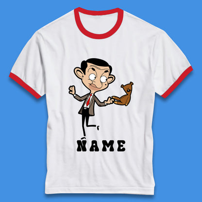 Personalised Mr Bean And Teddy Bear Your Name Comedy Cartoon Animated Series Ringer T Shirt