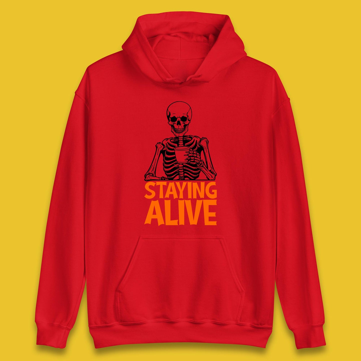Staying Alive Funny Skeleton Trendy Coffee Halloween Skull Vintage Coffee Lovers Unisex Hoodie