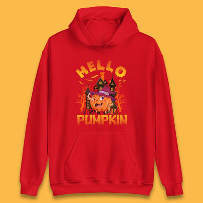 Hello Pumpkin Cartoon Halloween Pumpkin With Witch Hat Devil Smile Haunted Castle Unisex Hoodie