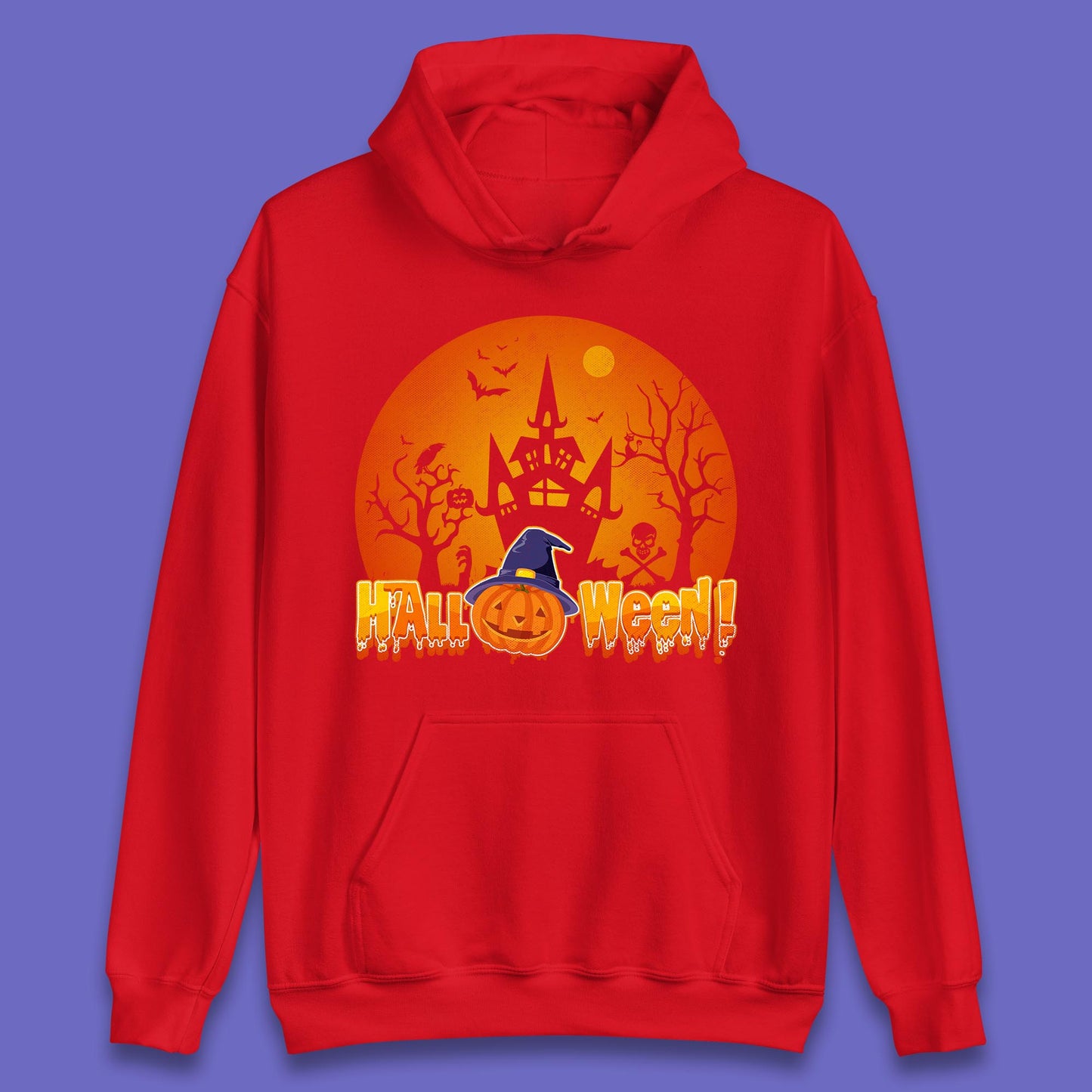 Halloween Pumpkin Witch Hat Haunted Castle Flying Bats Skull Bones Scary Dark Night Unisex Hoodie
