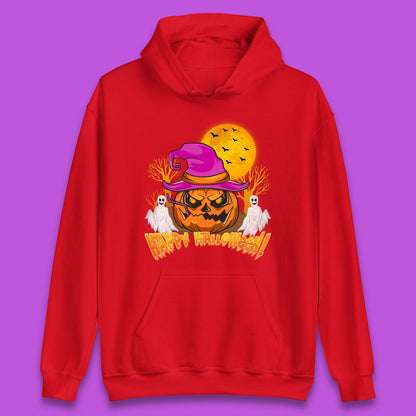 Happy Halloween Pumpkin Witch Hat Jack-o'-lantern With Full Moon Flying Bats Horror Scary Boo Ghost Unisex Hoodie