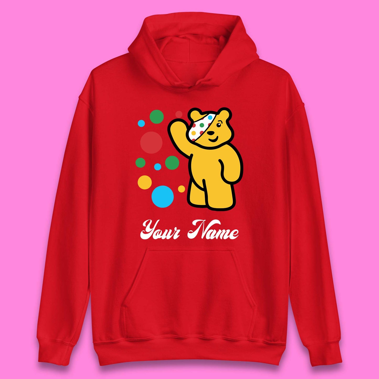 Personalised Spotty Pudsey Bear Hand Waving Dotty Spot Your Name Fundraising Spotty Bear Spotty Day Unisex Hoodie