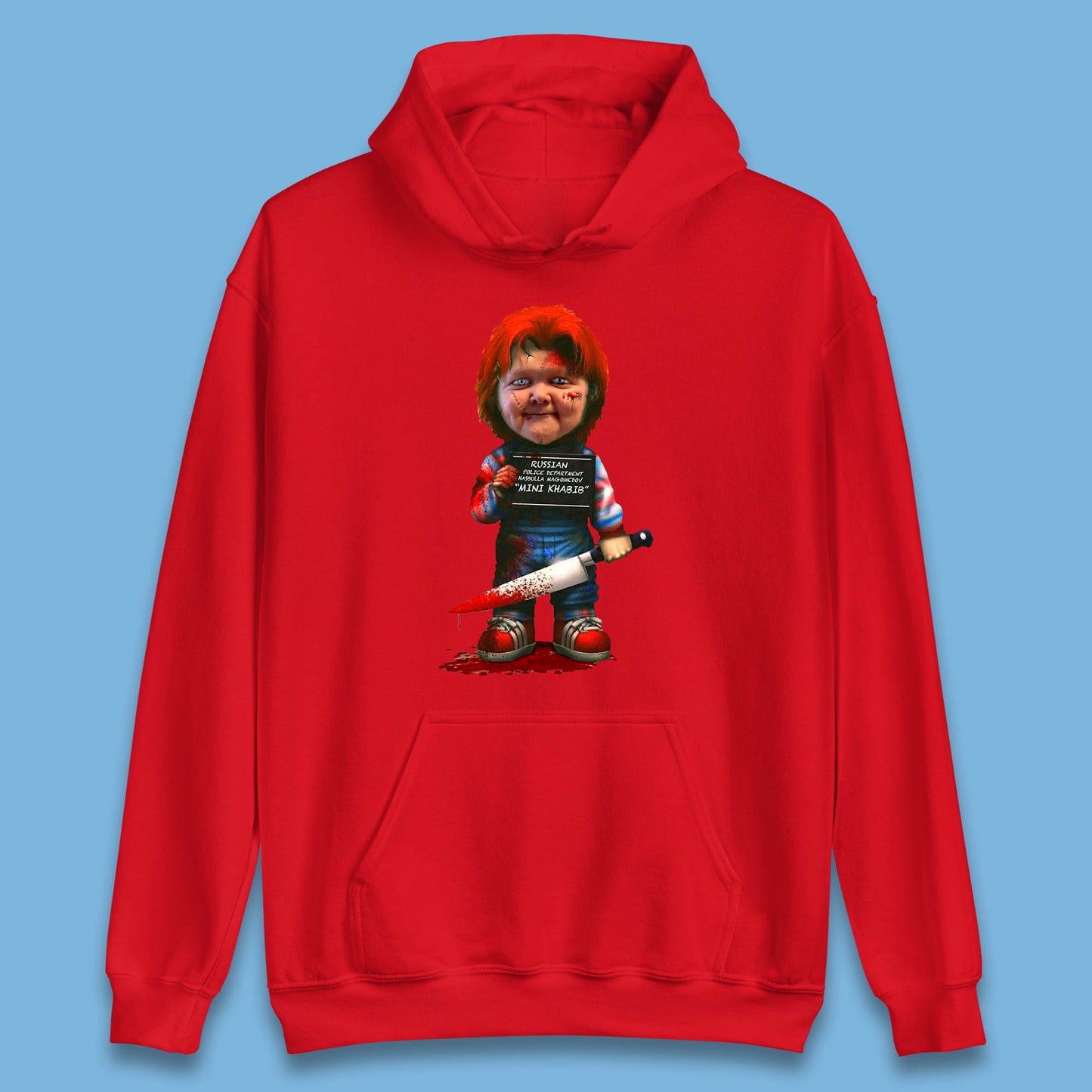 Chucky Mug Shot Russian Police Dept Hasbulla Magomedov Chucky Mini Khabib Inspired Halloween Horror Movie Good Guy Chucky Unisex Hoodies