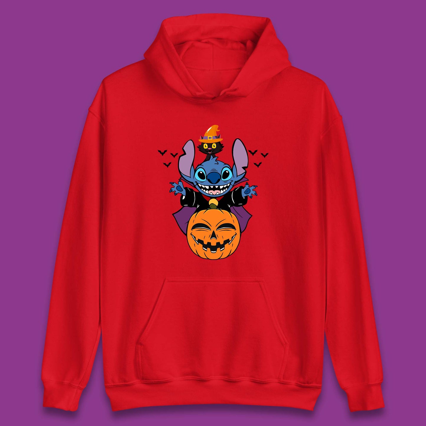 Disney Halloween Pumpkin Devil Stitch With Black Cat Horror Scary Disney Lilo & Stitch Unisex Hoodie