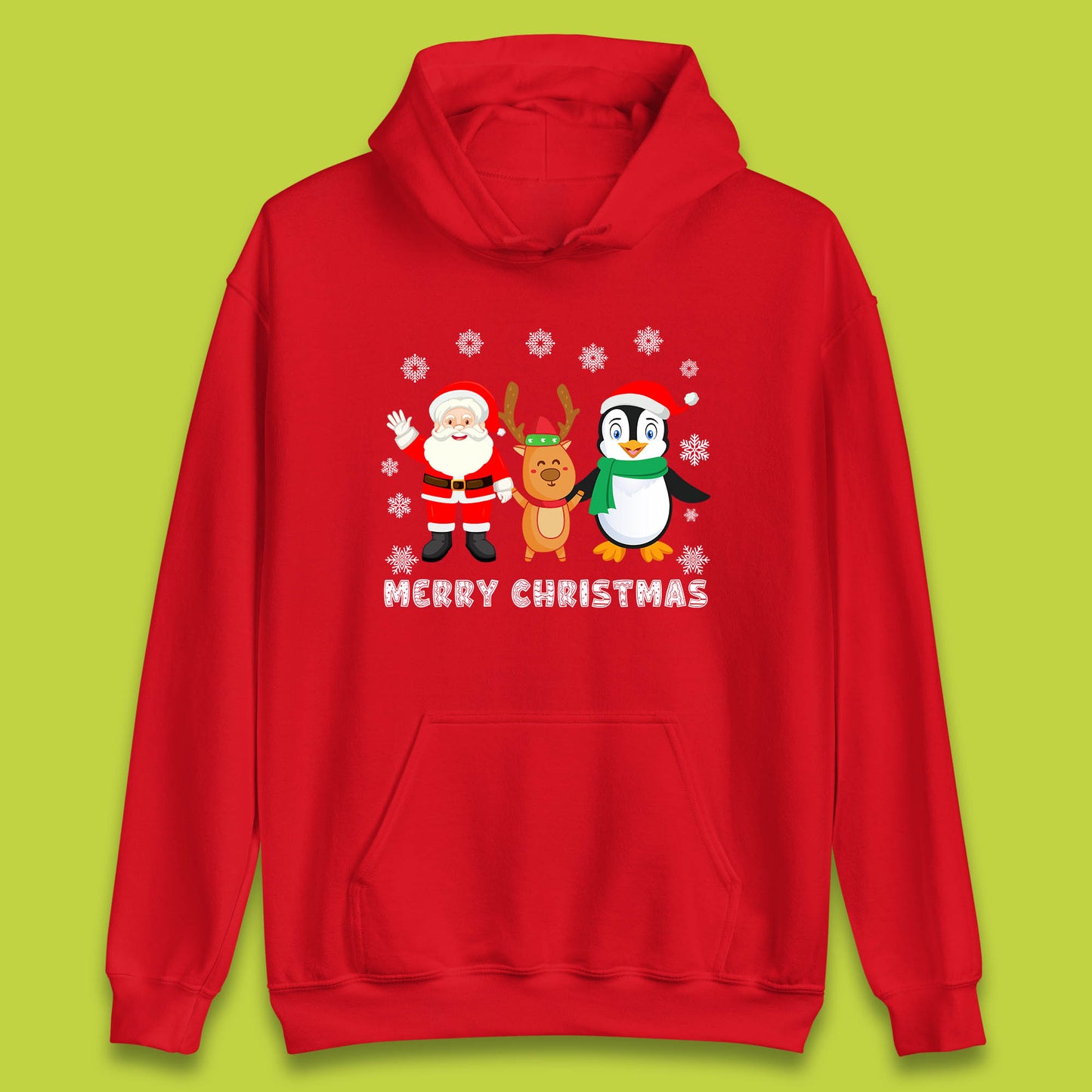 merry christmas penguin santa claus and reindeer hoodie