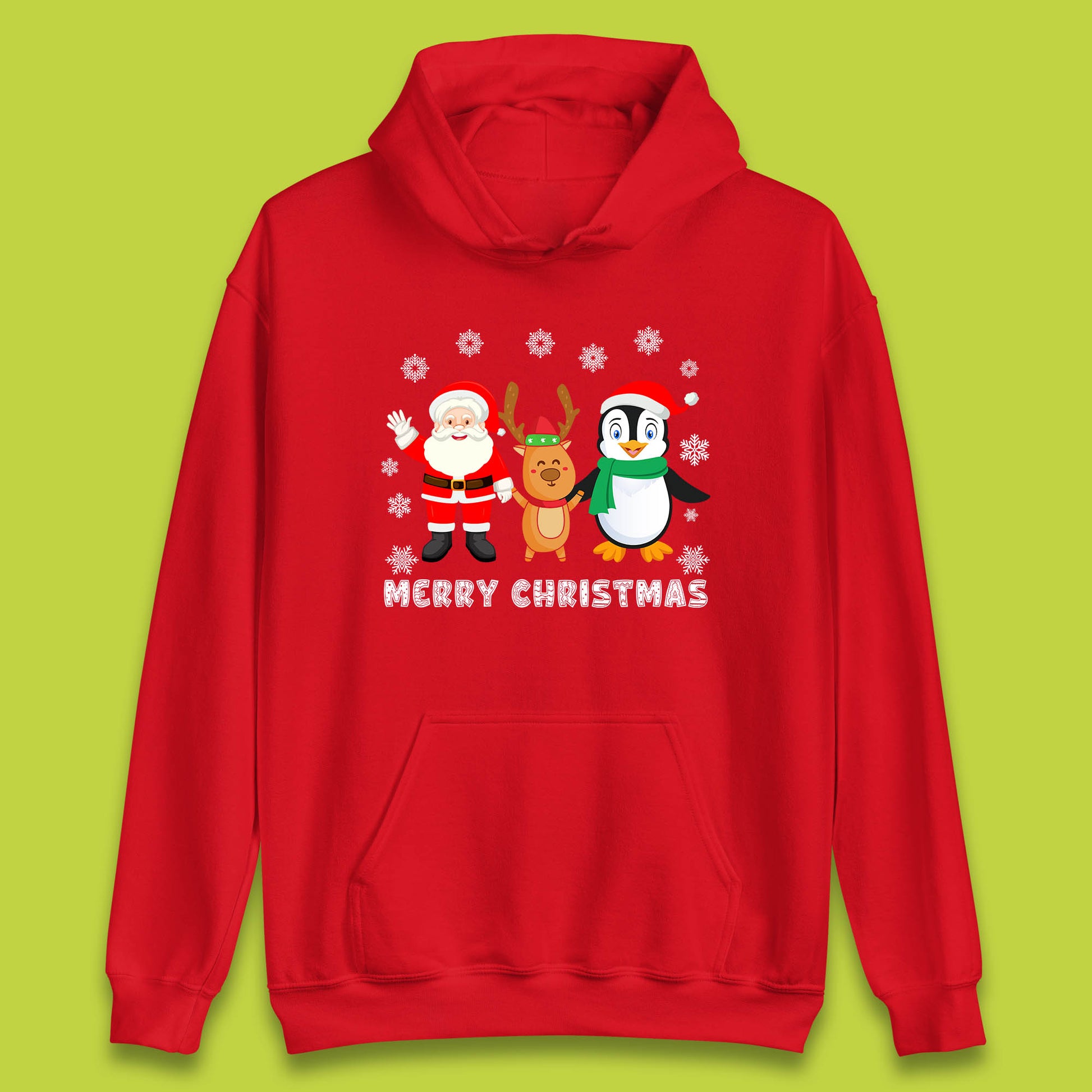 merry christmas penguin santa claus and reindeer hoodie