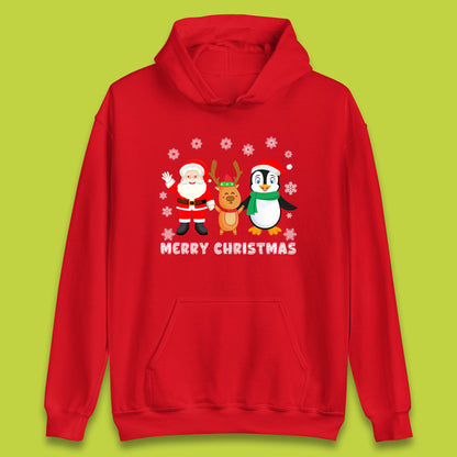 merry christmas penguin santa claus and reindeer hoodie