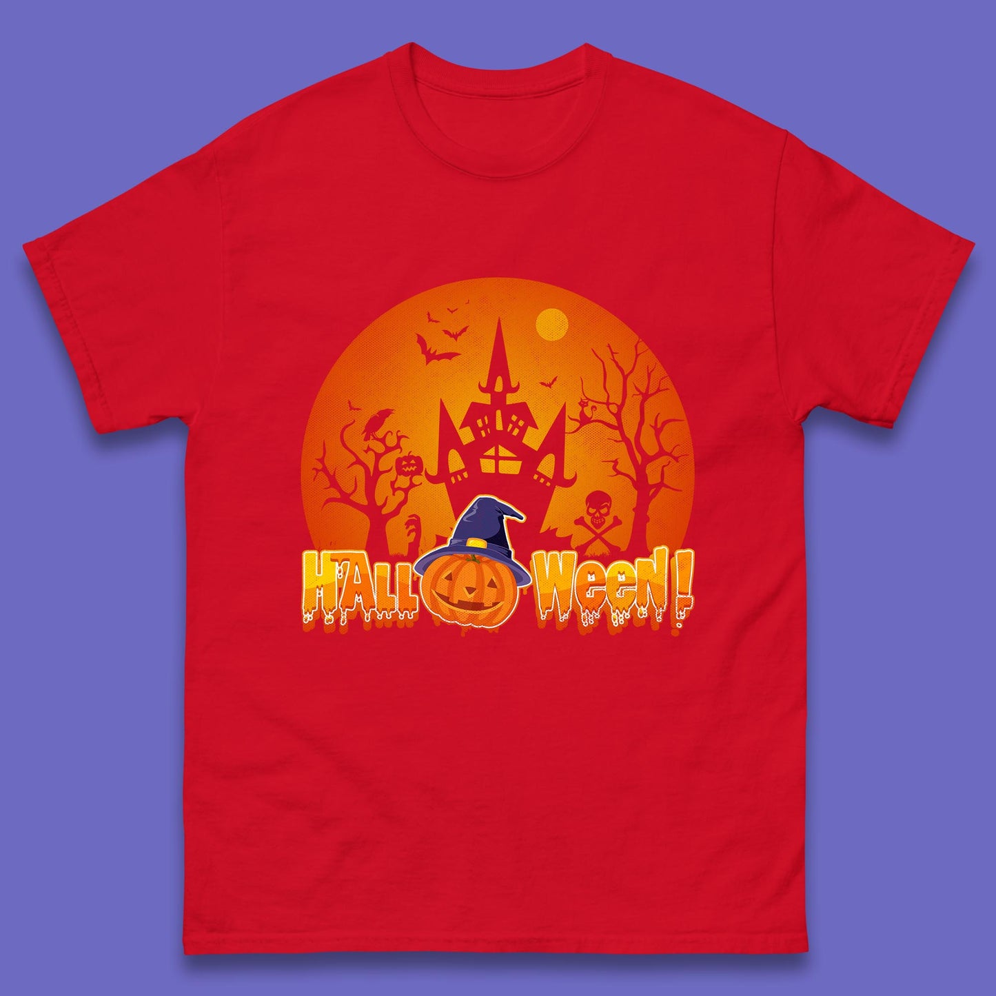 Halloween Pumpkin Witch Hat Haunted Castle Flying Bats Skull Bones Scary Dark Night Mens Tee Top