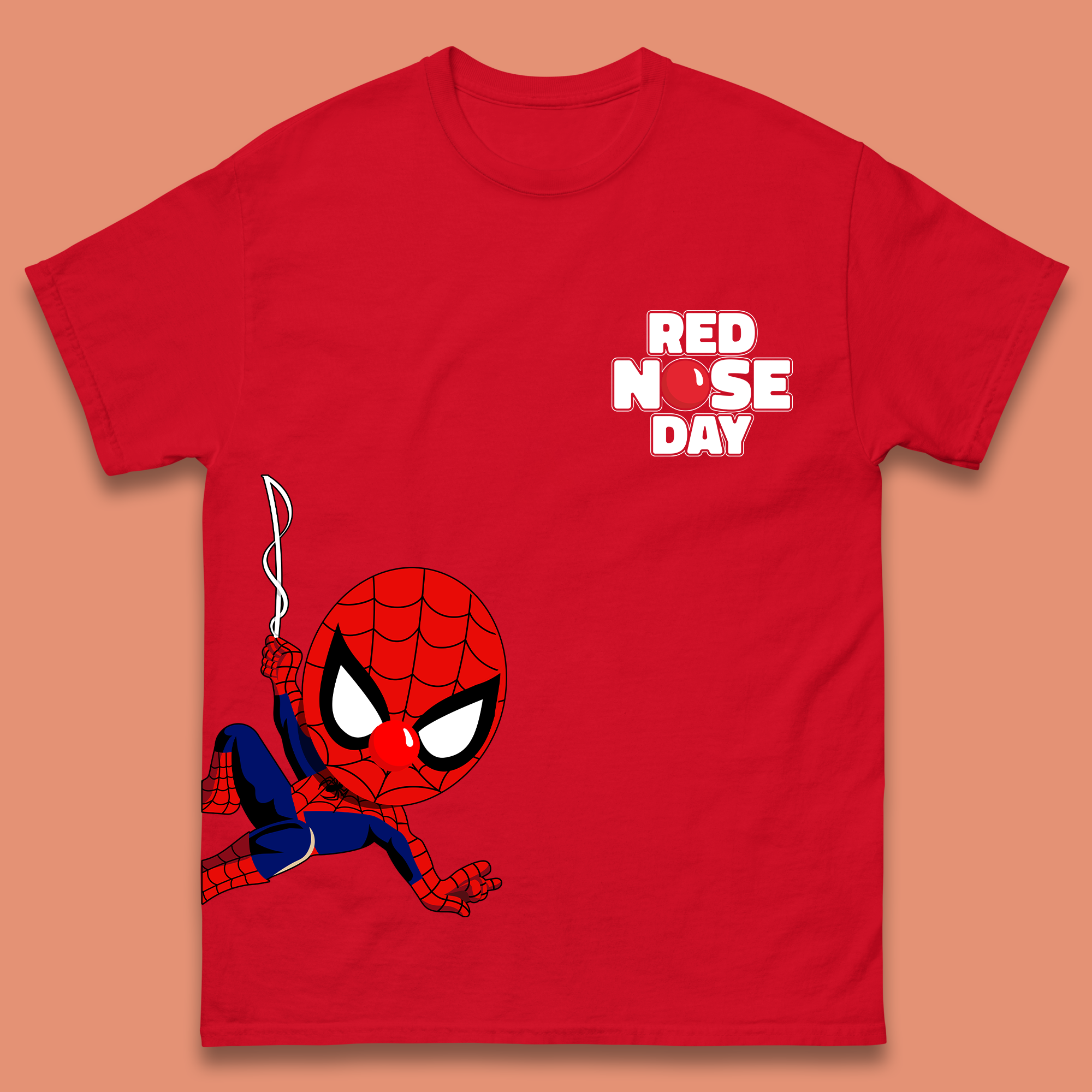 Spider Man Peeking Red Nose Day Mens T-Shirt
