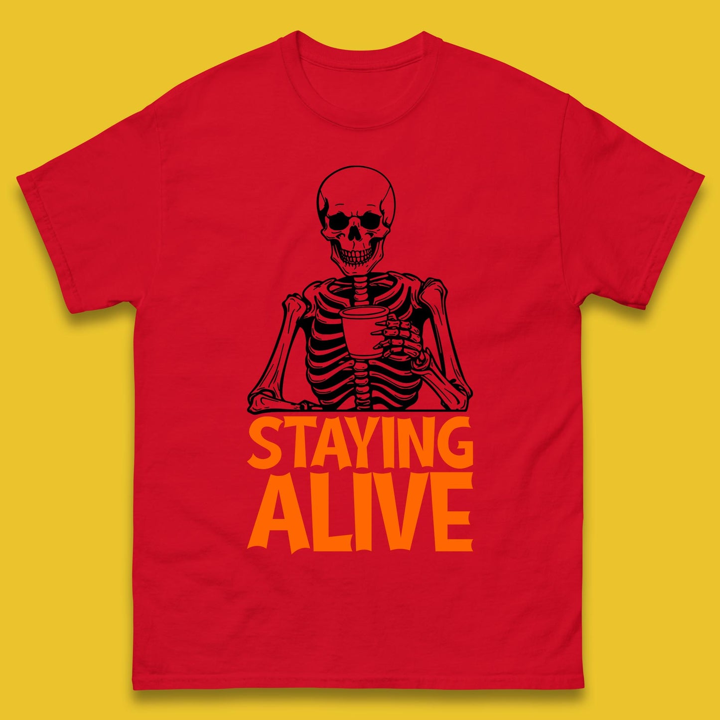 Staying Alive Funny Skeleton Trendy Coffee Halloween Skull Vintage Coffee Lovers Mens Tee Top