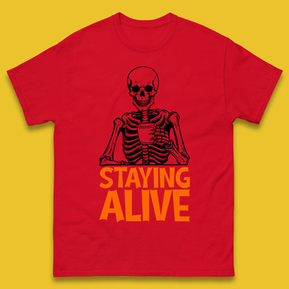 Staying Alive Funny Skeleton Trendy Coffee Halloween Skull Vintage Coffee Lovers Mens Tee Top
