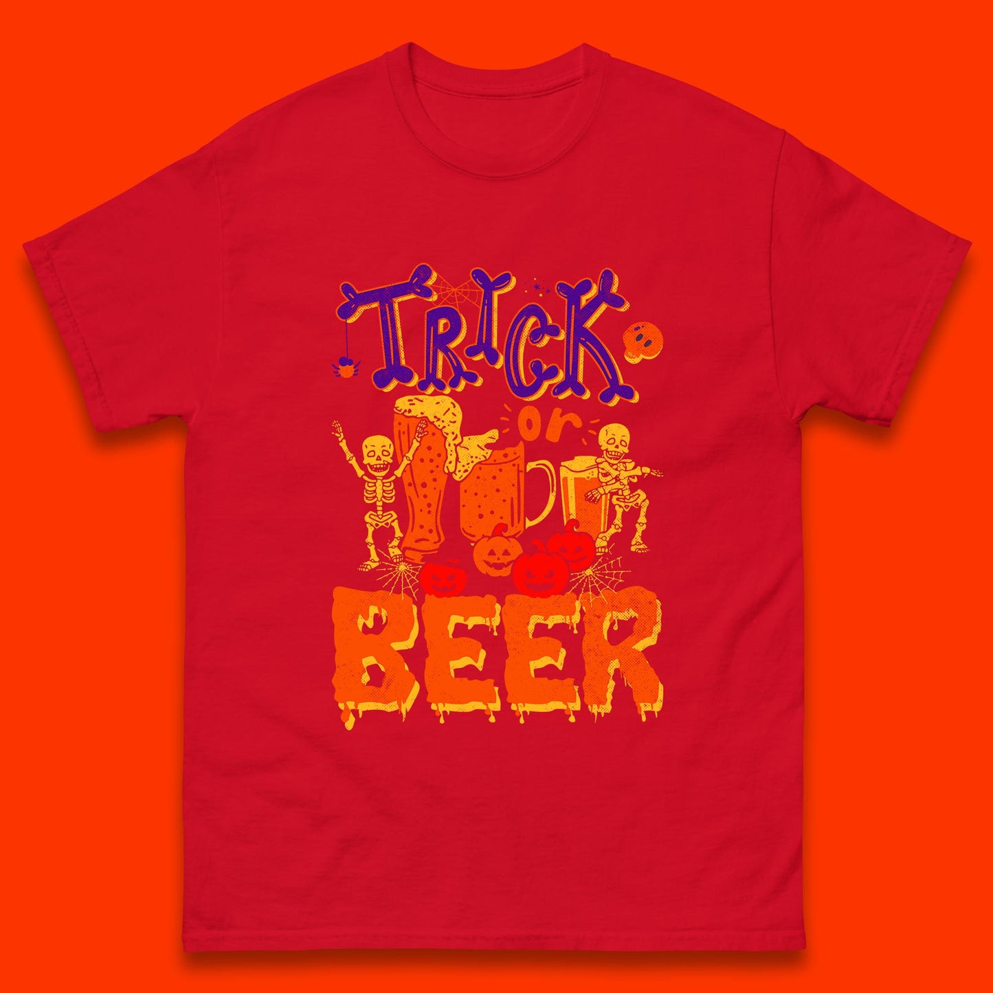 Trick Or Beer Halloween Drinking Beer Lover Dancing Skeleton Drinker Halloween Party Mens Tee Top