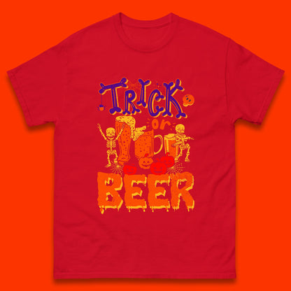 Trick Or Beer Halloween Drinking Beer Lover Dancing Skeleton Drinker Halloween Party Mens Tee Top