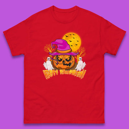 Happy Halloween Pumpkin Witch Hat Jack-o'-lantern With Full Moon Flying Bats Horror Scary Boo Ghost Mens Tee Top