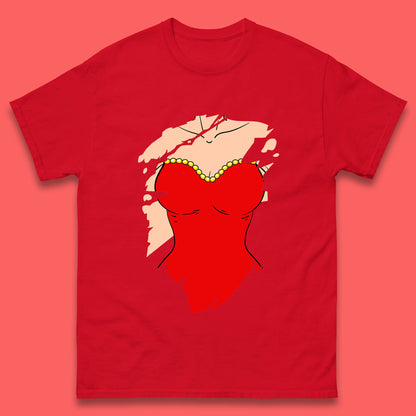 Beautiful Sexy Glamour Blonde Girl Stylish Trendy Dressing In Red Mini Dress Mens Tee Top