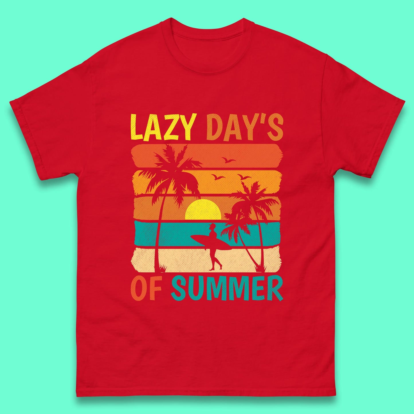 Lazy Days Of Summer Vintage Retro Sunset Surfer Beach Palm Trees Mens Tee Top