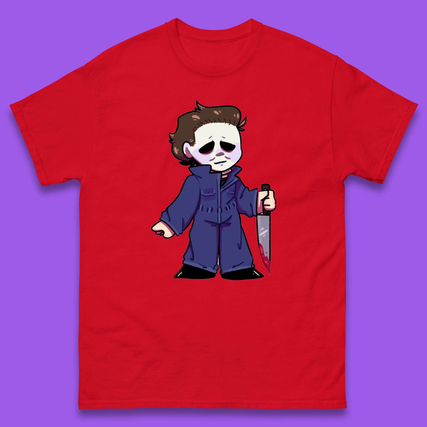 Chibi Michael Myers Holding Bloody Knife Halloween Serial Killer Horror Movie Character Mens Tee Top
