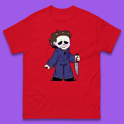Chibi Michael Myers Holding Bloody Knife Halloween Serial Killer Horror Movie Character Mens Tee Top
