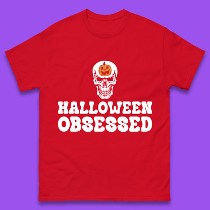 Skull Pumpkin Halloween Obsessed Funny Pumpkin Obsessed Party Spooky Season Mens Tee Top