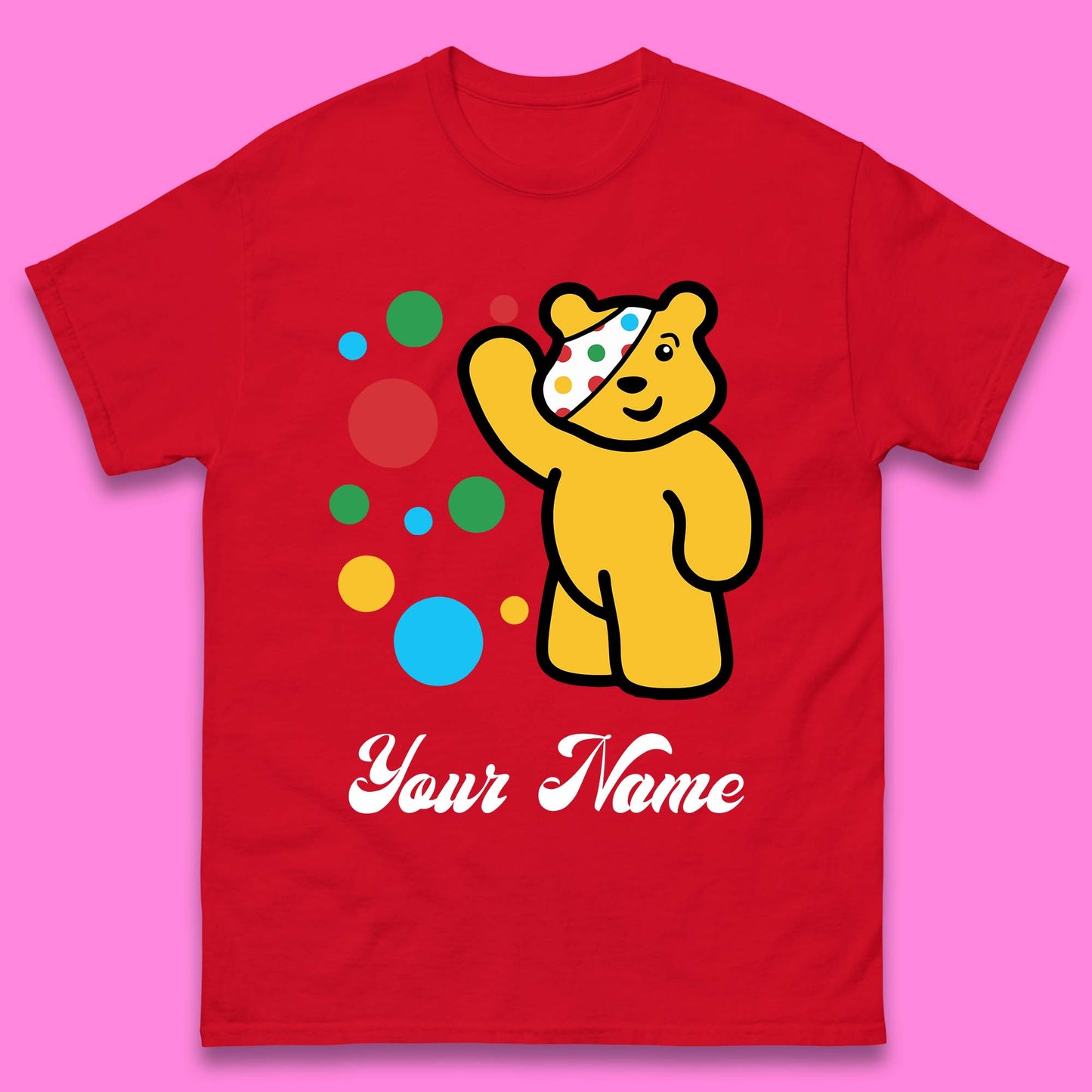 Personalised Spotty Pudsey Bear Hand Waving Dotty Spot Your Name Fundraising Spotty Bear Spotty Day Mens Tee Top