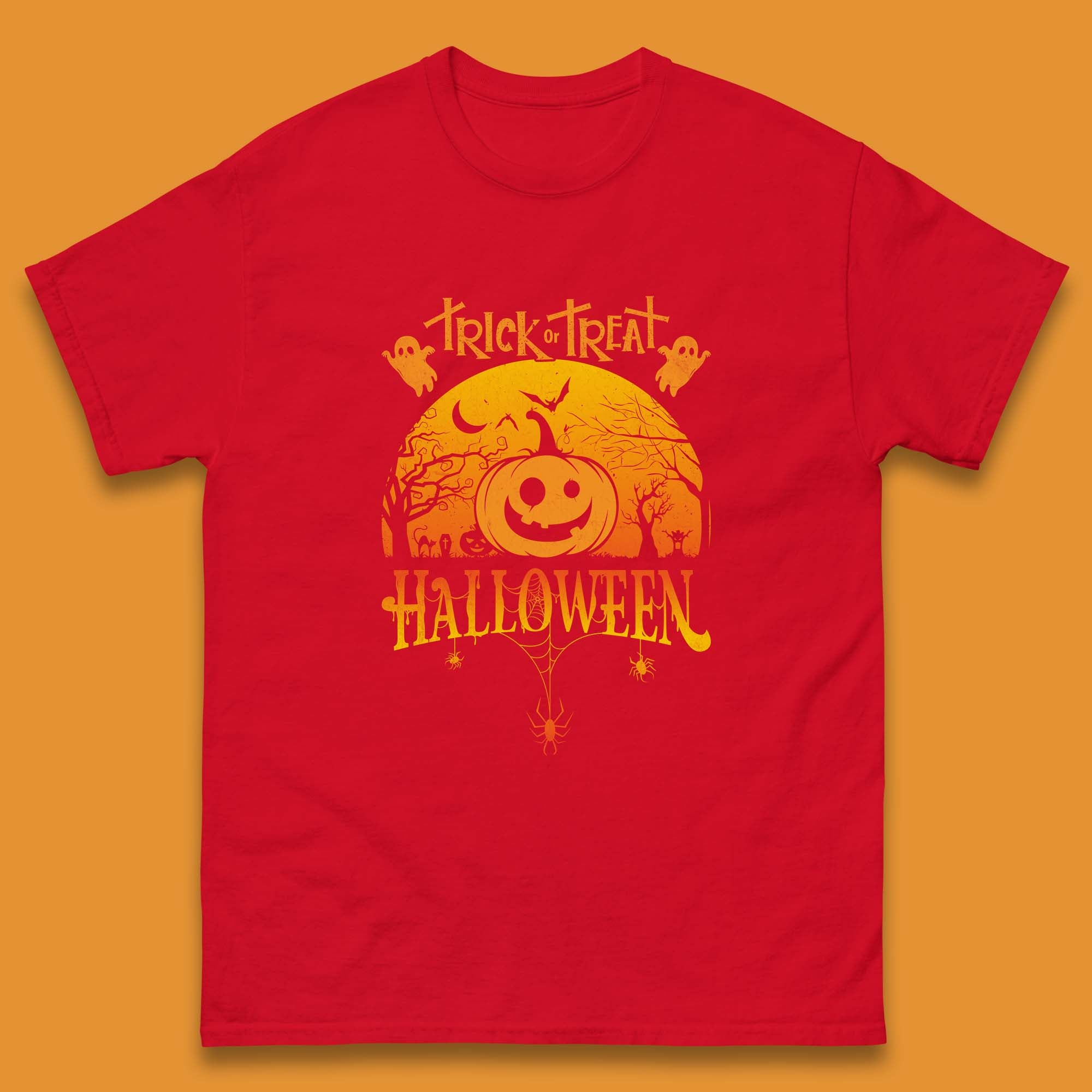 Trick Or Treat Halloween Pumpkin Haunted Trees Scary Spooky Season Mens Tee Top