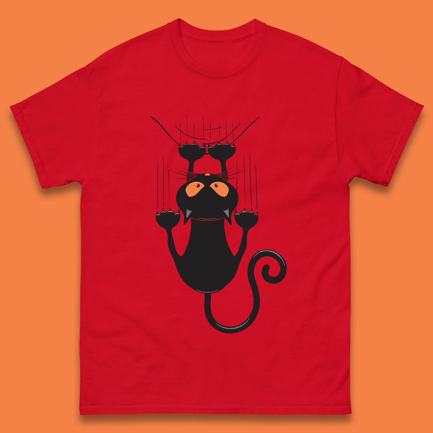 Black Cat Cartoon Scratching Climbing Wall Halloween Horror Scary Black Cat Spooky Season Mens Tee Top