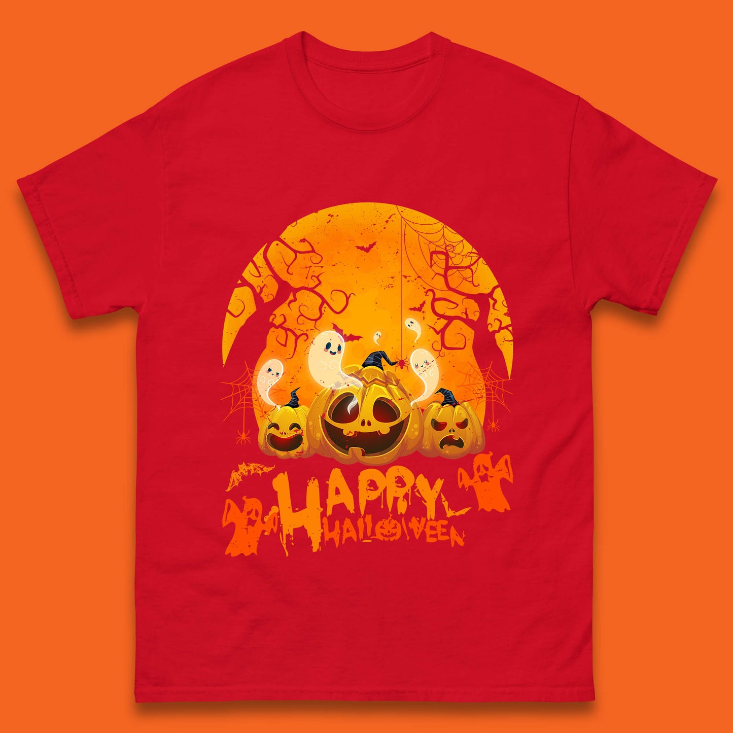 Happy Halloween Jack O Lantern Pumpkins Scary Boo Ghost Haunted Trees Mens Tee Top