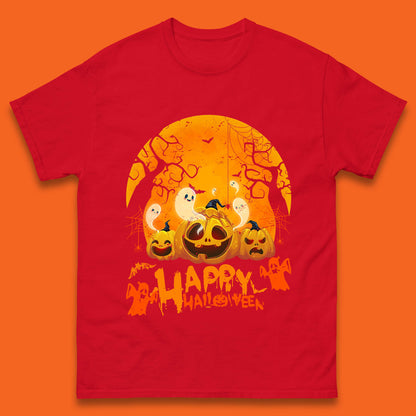 Happy Halloween Jack O Lantern Pumpkins Scary Boo Ghost Haunted Trees Mens Tee Top
